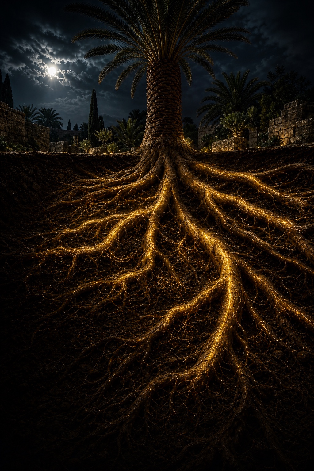 Raízes luminosas de uma tamareira sob a terra