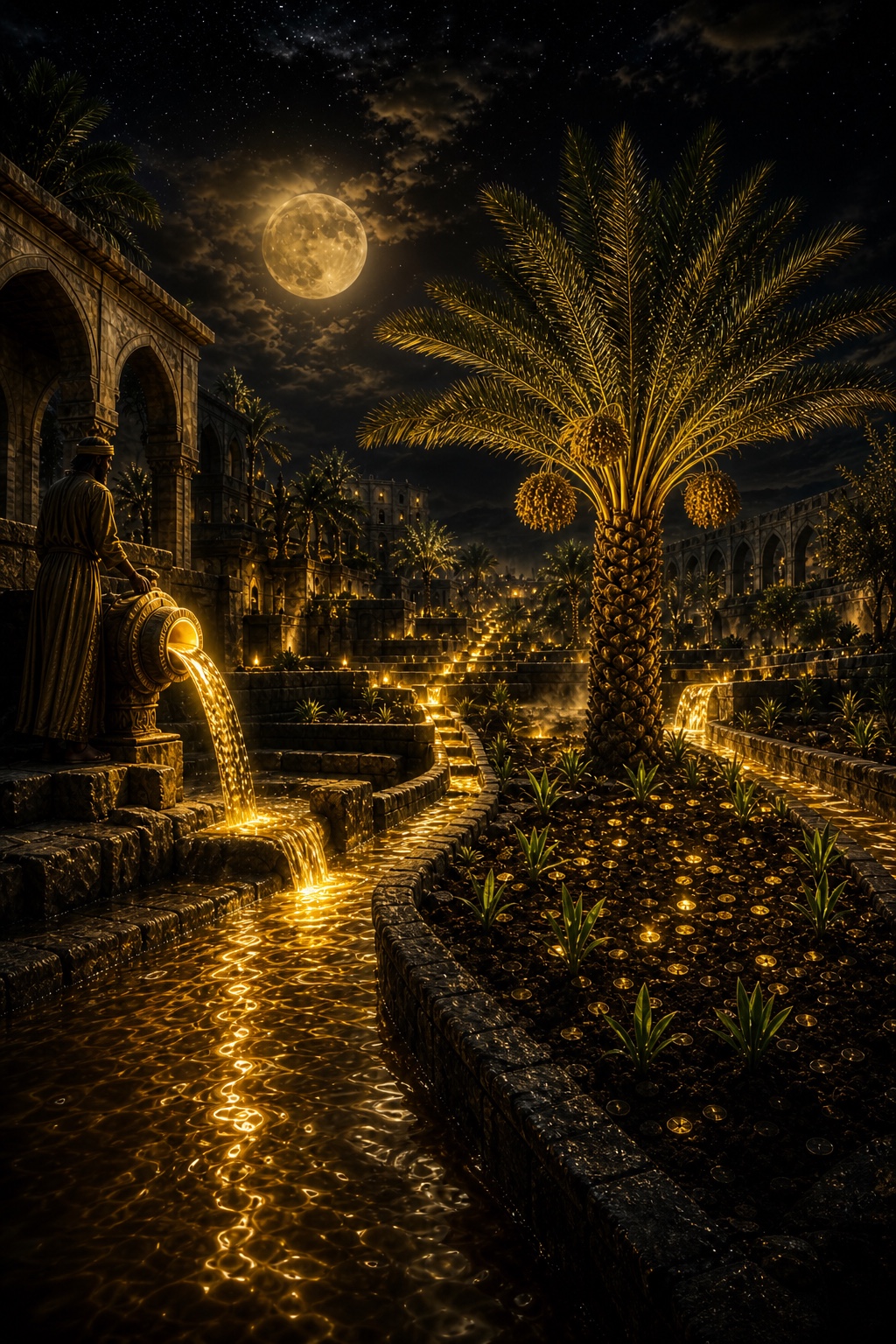 Jardim noturno cultivado por canais de ouro líquido